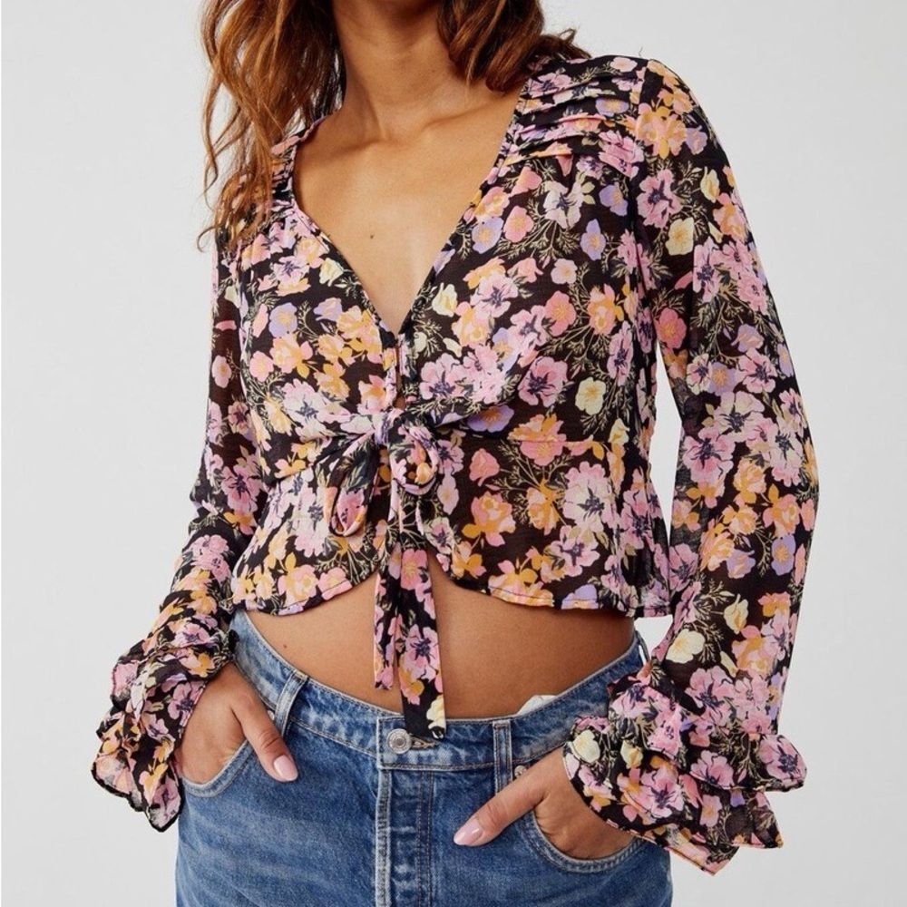 Free People Maybel Black Floral Print Blouse Cropped Tie Front XL